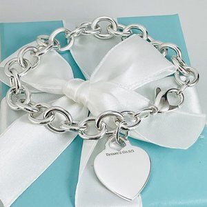 7.5" Tiffany & Co Classic Blank Heart Tag Charm Bracelet in Sterling Silver